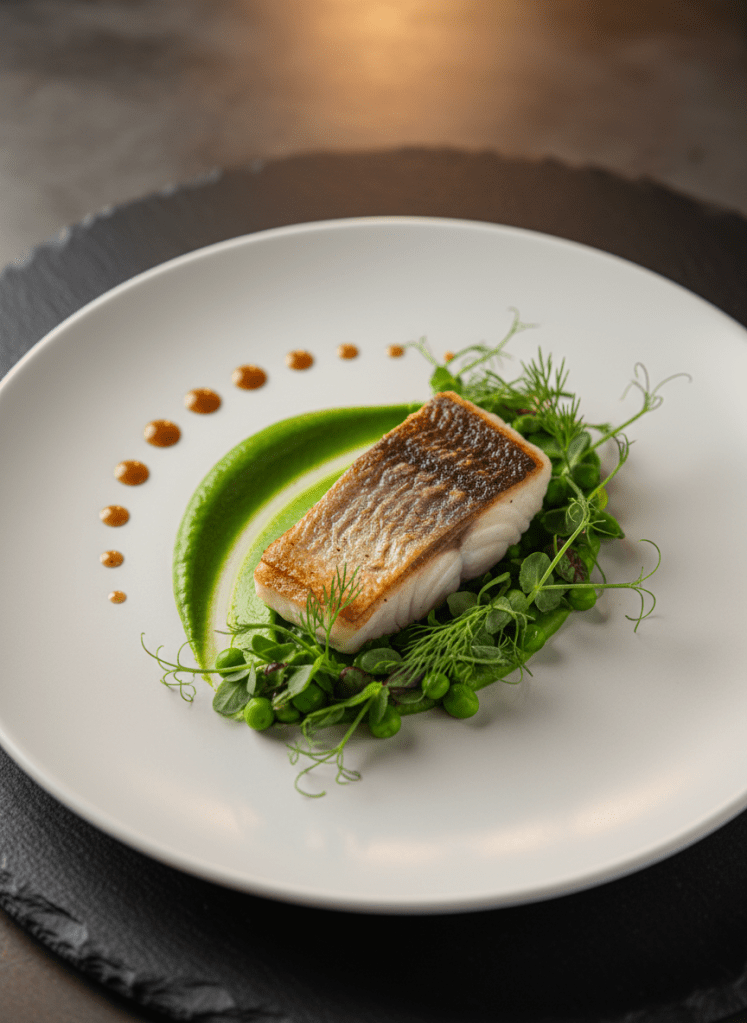 A close-up of a perfectly plated modern Dutch-inspired dish on a matte white porcelain plate: pan-seared fish with crisp golden skin, vibrant green pea purée smeared in an elegant curve, and delicately arranged microgreens. Tiny droplets of rich sauce glisten along the edge of the plate. The plate rests on a dark slate tabletop that contrasts with the bright food colors. Warm, focused overhead lighting creates dramatic yet refined highlights on the textures of the fish and vegetables, with soft, controlled shadows underneath the plate. Shot from a three-quarter overhead angle with a shallow depth of field, the background fades into a soft bokeh of neutral tones. The mood is sophisticated and gastronomic, emphasizing photographic realism and fine-dining precision for a professional chef-on-location service.