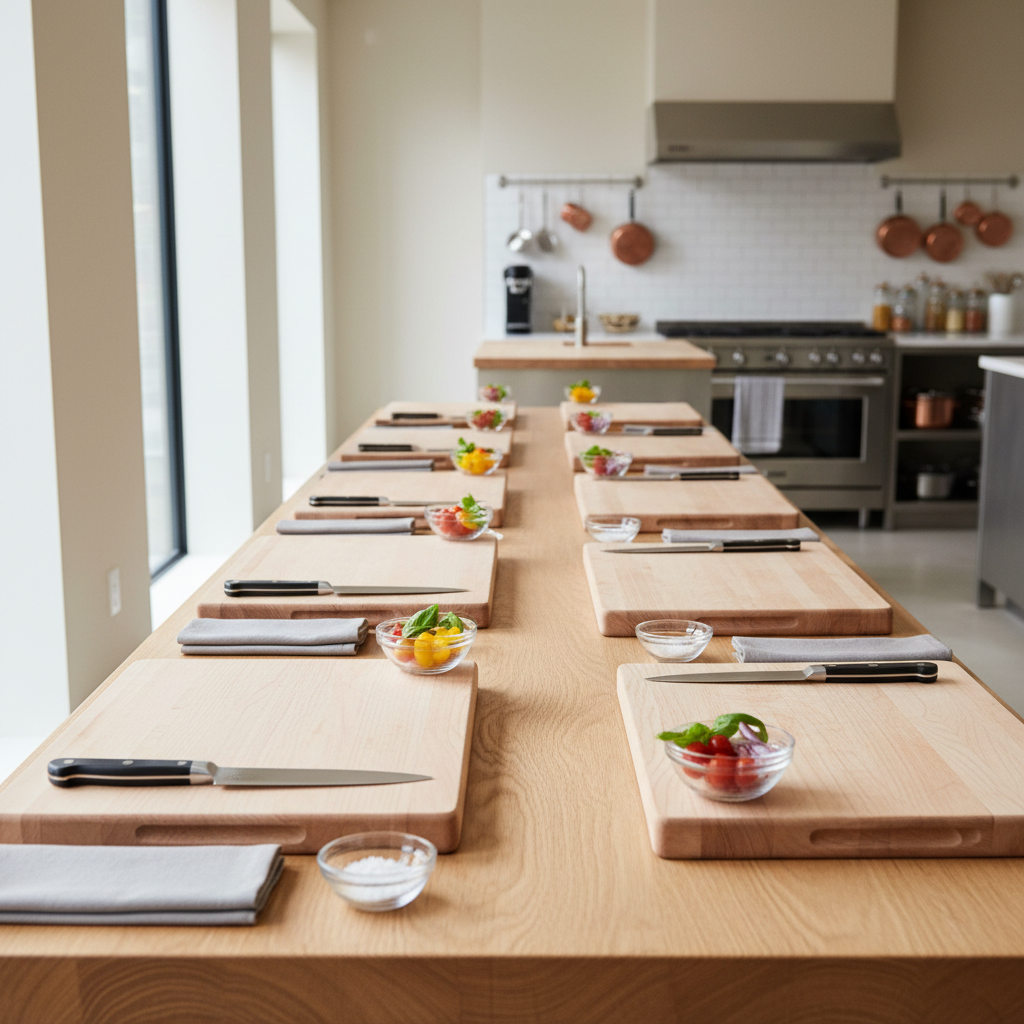 An immaculately set dining table prepared for a cooking workshop experience, featuring a row of identical wooden cutting boards, gleaming chef’s knives, neatly folded linen napkins, and small glass bowls filled with prepped ingredients in harmonious colors. The table is a long, natural oak surface in a spacious, minimalist room with neutral walls and large windows. Diffused natural daylight bathes the scene, creating soft highlights on the steel and glass. Captured from a slightly elevated angle using the rule of thirds, the image shows a clear leading line down the table into a softly blurred background of a modern open kitchen. The atmosphere is organized, professional, and inviting, rendered in photographic realism with a clean, contemporary style.