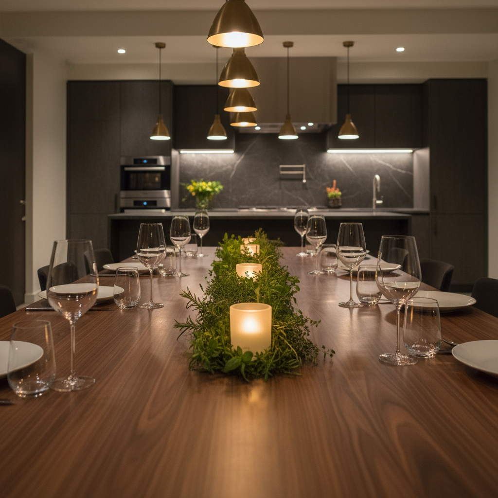 A high-end private dining room prepared for a chef-on-location dinner: a solid walnut table dressed with minimalist white plates, simple water glasses, and a single narrow runner of fresh herbs and small tealight candles in frosted holders. At the far end of the room, a sleek open-plan kitchen with a dark stone countertop and discreet built-in appliances serves as a visual anchor. Warm, dimmable pendant lights hang above the table, casting a golden, intimate glow and gentle reflections on the table surface. Shot from a low, slightly diagonal angle, the composition leads the eye along the table toward the kitchen, with a moderate depth of field keeping both foreground and background legible. The atmosphere is refined, calm, and exclusive, captured in clean, realistic photography that emphasizes professional, on-location chef services.