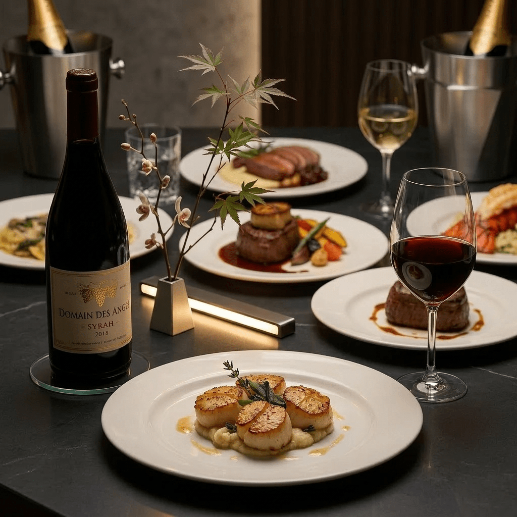 Plate of seared scallops with herbs, wine glass with red wine, bottle of Domain Des Anges Syrah, candles, and fine dining dishes on table